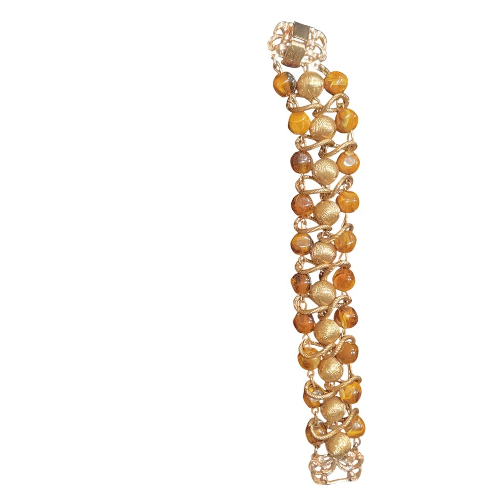 Vintage‎ Gold Tone Amber Art acrylic Bead Textured Sphere Link Bracelet 7 Inch